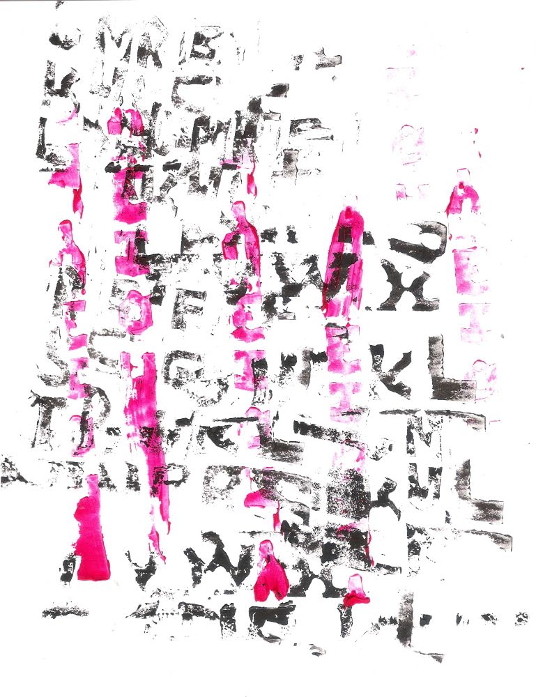 panic of letters, rolled relief print, ink on bristol, 2024 Eric Lunde