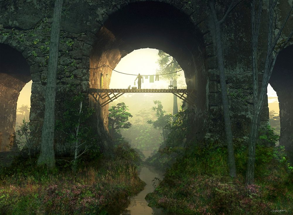 The image shows a man living on a wooden bridge platform suspended underneath a larger arched stone bridge.  The larger bridge has three arches and he resides in the walls of the center arch. A doorway can be seen on one side of his platform, leading to the interior of the bridge support. The large bridge is ancient, made of gray stone, mossy and crumbling.

 The atmosphere is golden and foggy, it is late in the day.  He's hanging laundry on a line suspended between the larger bridge's walls. There is a small stream below him, and the area is thick with overgrown grasses and small wildflowers.  Green hills recede into the gold fog in the background.

Next to the laundry basket beside him, watching him work, is his cat.

image by Cynthia Decker, created in 2012 with Blender and/or Sketchup, Vue, and Corel Painter.