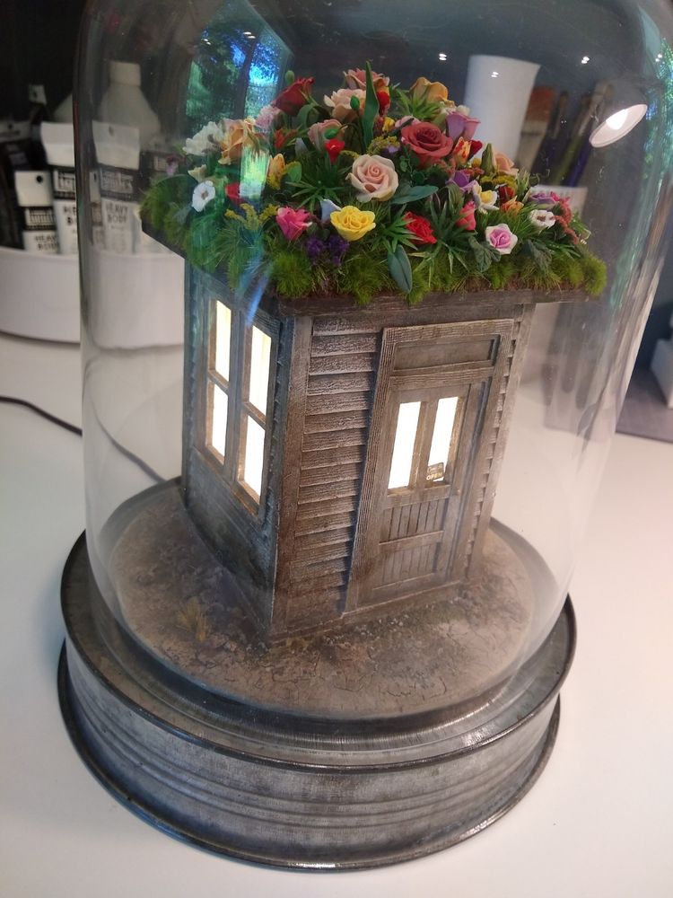 The finished model, on it's galvanized steel round base, under a glass cloche, and with wiring and switch in place.  