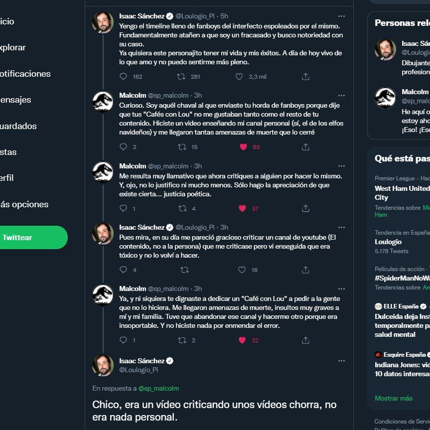 Isaac Sánchez, otrora conocido como Loulogio, quejándose en Twitter de que Xokas le ha enviado haters. 

Le contesta Malcolm. Comenta que en su día opinó que no le gustaba Café Con Lou. A raíz de esto Isaac hizo un vídeo mostrando su canal personal y sus fans le amenazaron de muerte hasta el punto de que se borró el canal. 

Isaac, lejos de pedir perdón, alega que le pareció gracioso y que no era nada personal. 