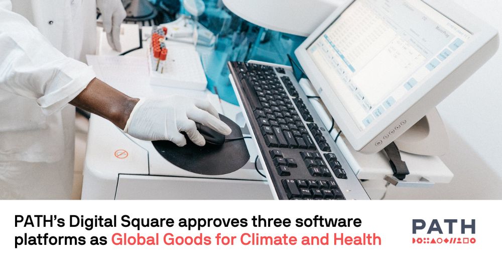 Scientist using a computer mouse in a laboratory setting, with a monitor displaying data graphs. Next to the PATH logo, text reads: "PATH’s Digital Square approves three software platforms as Global Goods for Climate and Health."