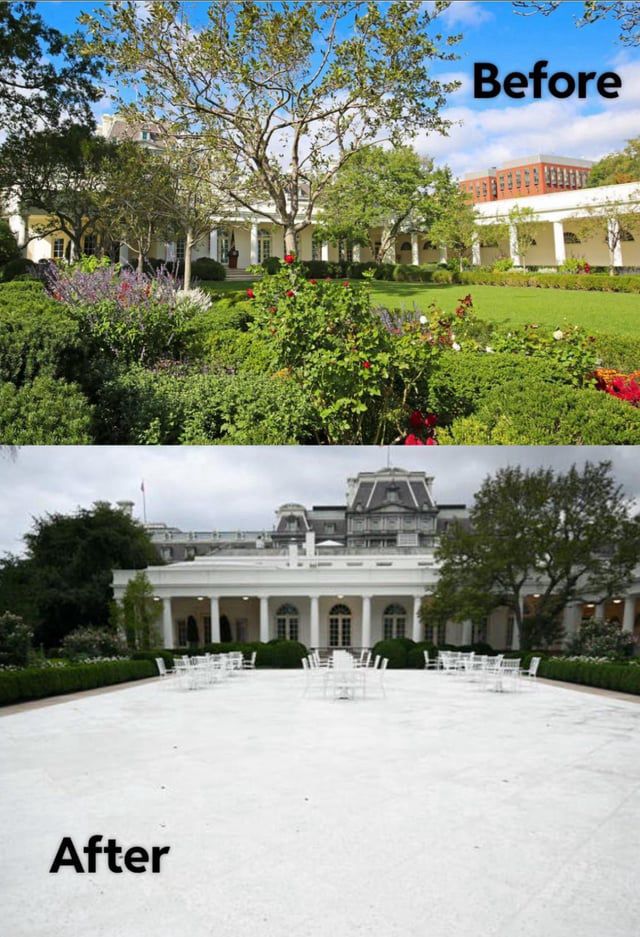 Before and after of the White House Rose Garden on top (before) and a paved white monstrosity (after) on the bottom because infamous pedophile rapist Trump wants to destroy all that is beautiful in this country.