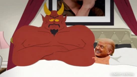 Satan in bed with Trump in scene from recent South Park, to which the official White House Twitter account responded with predictable whiny-ass bitchiness.