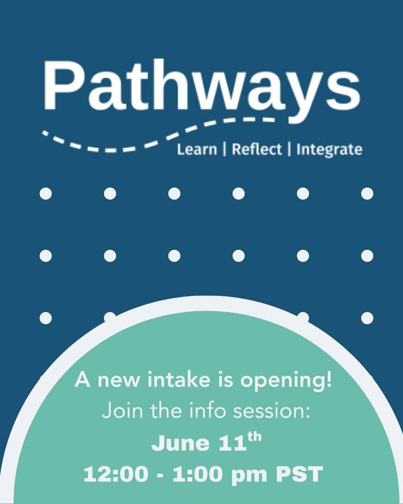 a dark blue square with white polka dots + white and teal graphic accents. Text reads: A new intake is opening! Join the info session: June 11th, 12:00-1:00 pm PST. Pathways logo is featured.
