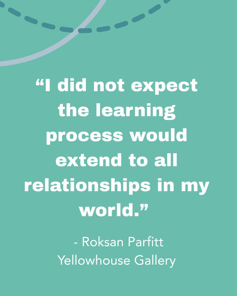 White text on a teal background reads: "I did not expect the learning process would extend to all relationships in my world" - Roksan Parfitt, Yellowhouse Gallery