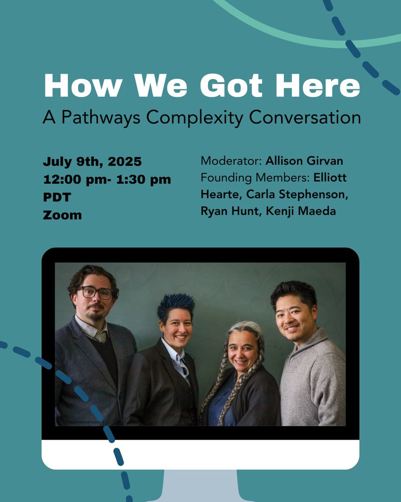 The 4 members of the co-leadership team stand together in a line. Their picture is displayed on the silhouette of a computer monitor. Text reads: How We Got Here: A Pathways Complexity Conversation. July 9th 12:00 pm - 1:30 pm PDT. Zoom. Moderator: Allison Girvan
Panel - Founding Members: Elliott Hearte, Carla Stephenson, Ryan Hunt, Kenji Maeda