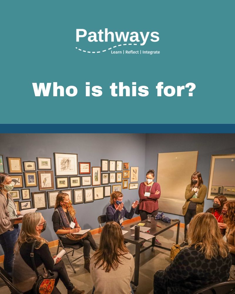 A slide with teal graphic accents featuring a photo of a group of people gathered around a table in an art gallery setting. White text reads: Who is this for? Pathways logo is featured. Photo by Ryan Hunt.