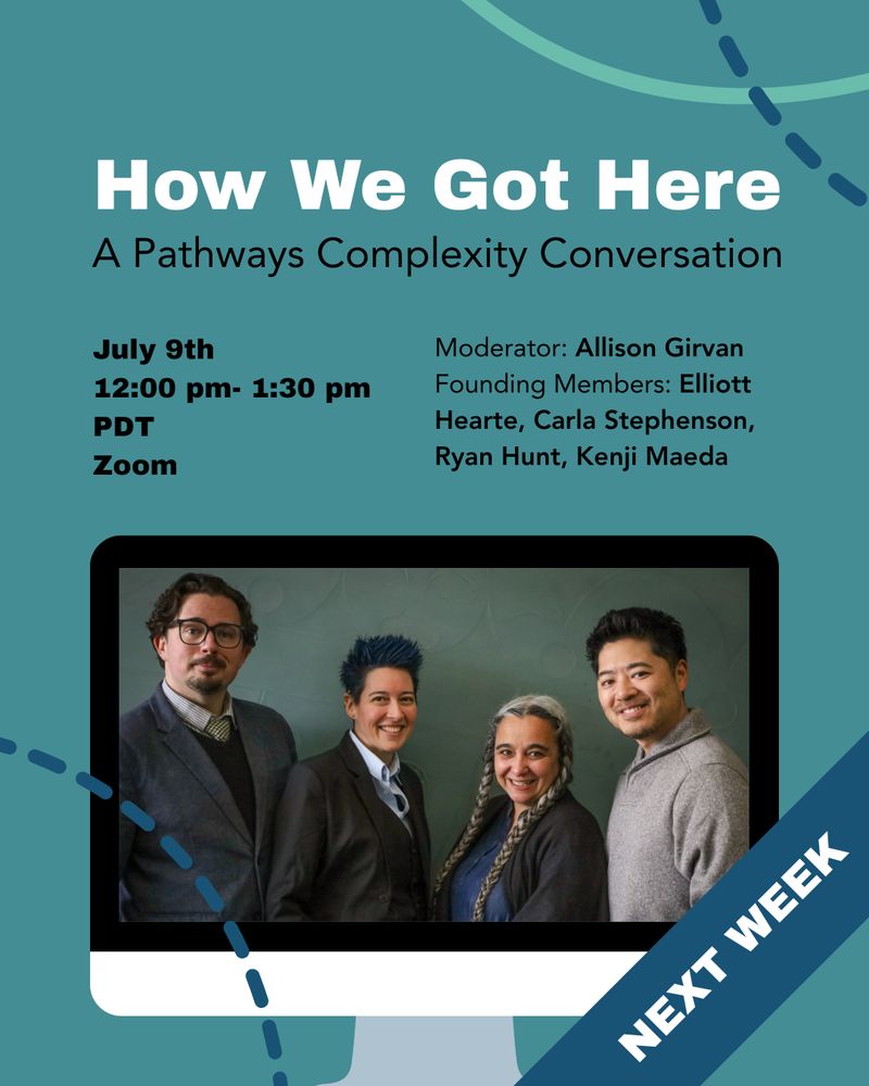 The 4 members of the co-leadership team stand together in a line. Their picture is displayed on the silhouette of a computer monitor. Text reads: Next Week. How We Got Here: A Pathways Complexity Conversation. July 9th 12:00 pm - 1:30 pm PDT. Zoom. Moderator: Allison Girvan Panel - Founding Members: Elliott Hearte, Carla Stephenson, Ryan Hunt, Kenji Maeda
