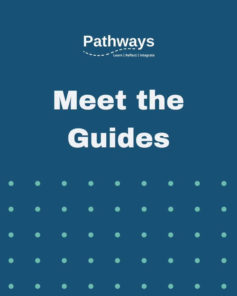 A navy blue slide that says "meet the guides". Pathways logo is featured, and a teal dotted pattern runs along the lower half of the image. 
