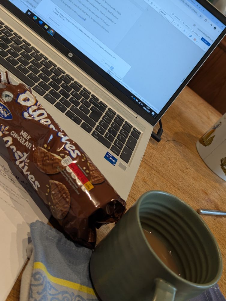 A cup of tea, a half-eaten pack of chocolate digestives, and the corner of a laptop keyboard