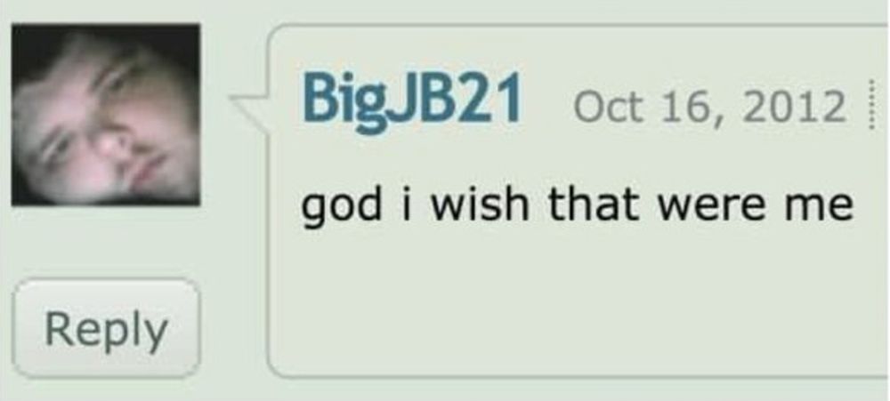 A DeviantArt comment by BigJB21 dated Oct 16, 2012 that says, "god i wish that were me." 
