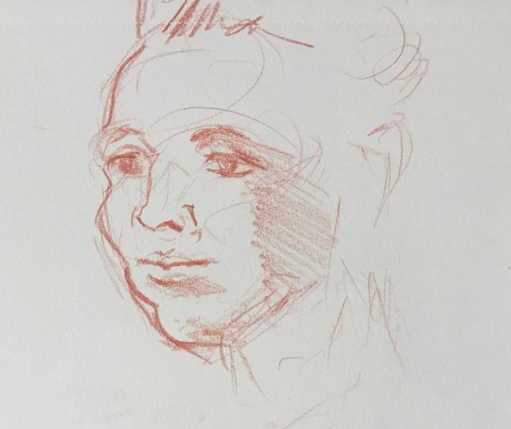 Portrait au crayon sanguine d’une femme de trois quart