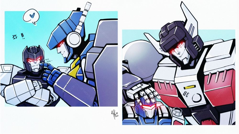 Fanart of Black Shadow and Blue Bacchus from Transformers Victory. First panel has Blue Bacchus in Pretender form getting on mini-form Black Shadow's nerves, in second panel the roles are reversed.