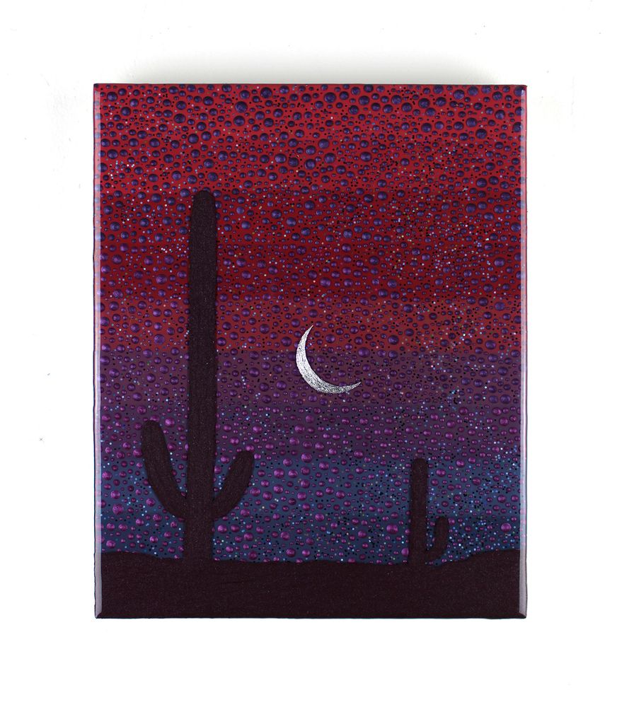 a dotted purple gradient sky with a silver crescent moon and 2 saguaro cactuses in the foreground