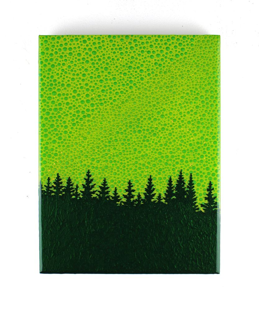 a neon green dotted sky with a dark green simplified landscape of fir trees at the bottom