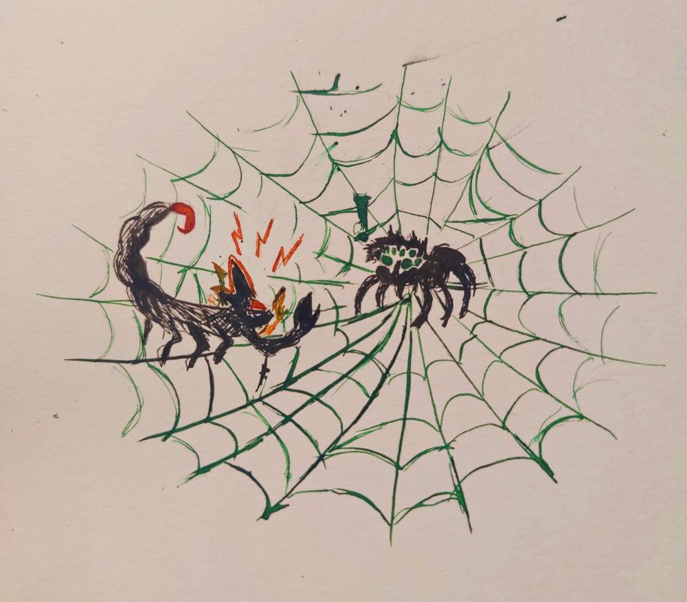 Ink drawing of Katsuki as a scorpion and Izuku as a spider