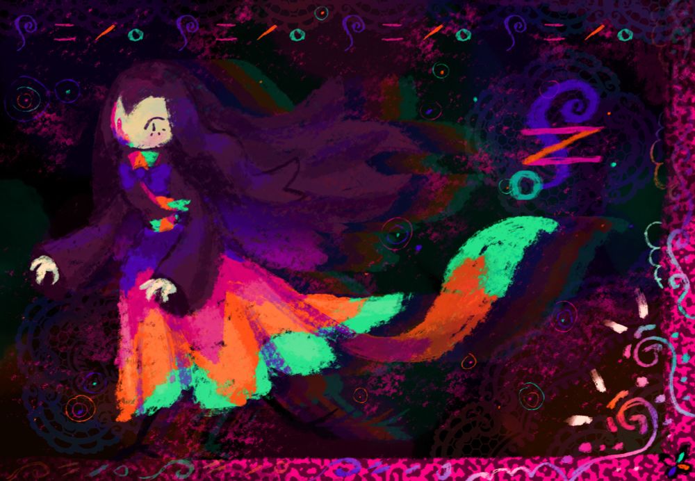 Painting of a witch character, Circe. It is wearing a bright patterned black, violet, pink, orange, and green dress. The background is filled with similarly colored lines, dots, and swirls.