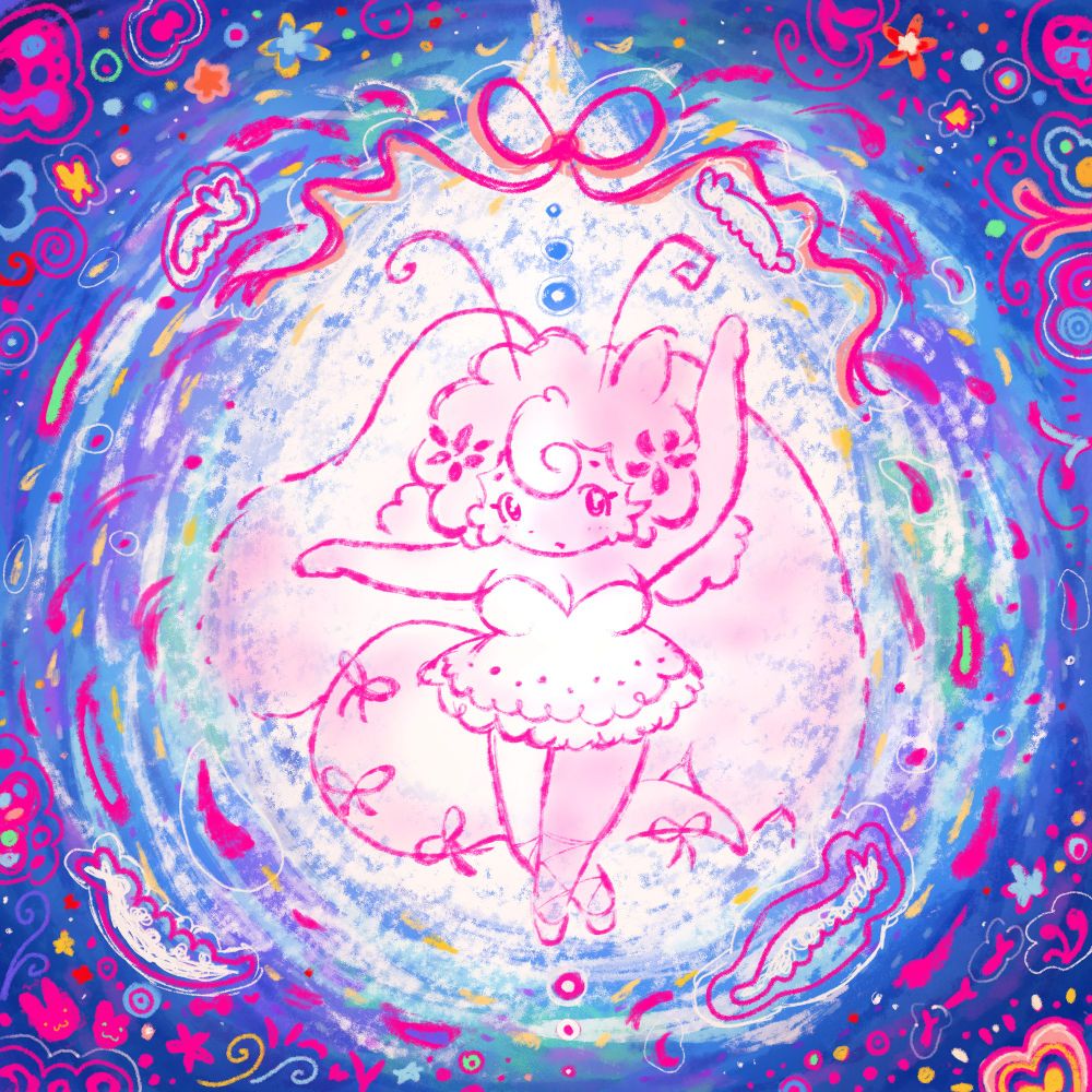 drawing of daze dancing in a ballerina-like outfit within a white teardrop-shaped silhouette. the background is in hues of blue and filled with multicolored little bunny creatures, dots, hearts, stars, and swirls. 