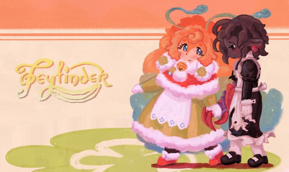 A colorful phoenix oc named Phii and a dark grey sheep oc named Dorothy are walking together and holding hands. Phii is looking fondly at Dorothy.