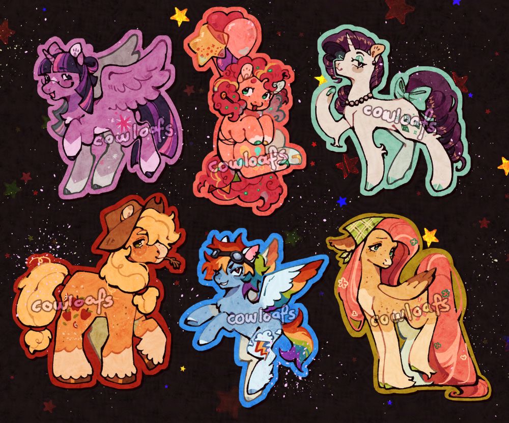 drawing of the mane six from my little pony with my redesigns. they're all together in a black flat colored background with stars and sparkles scattered through the canvas.