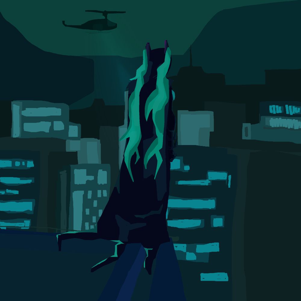 batman hatsune miku staring down into the city