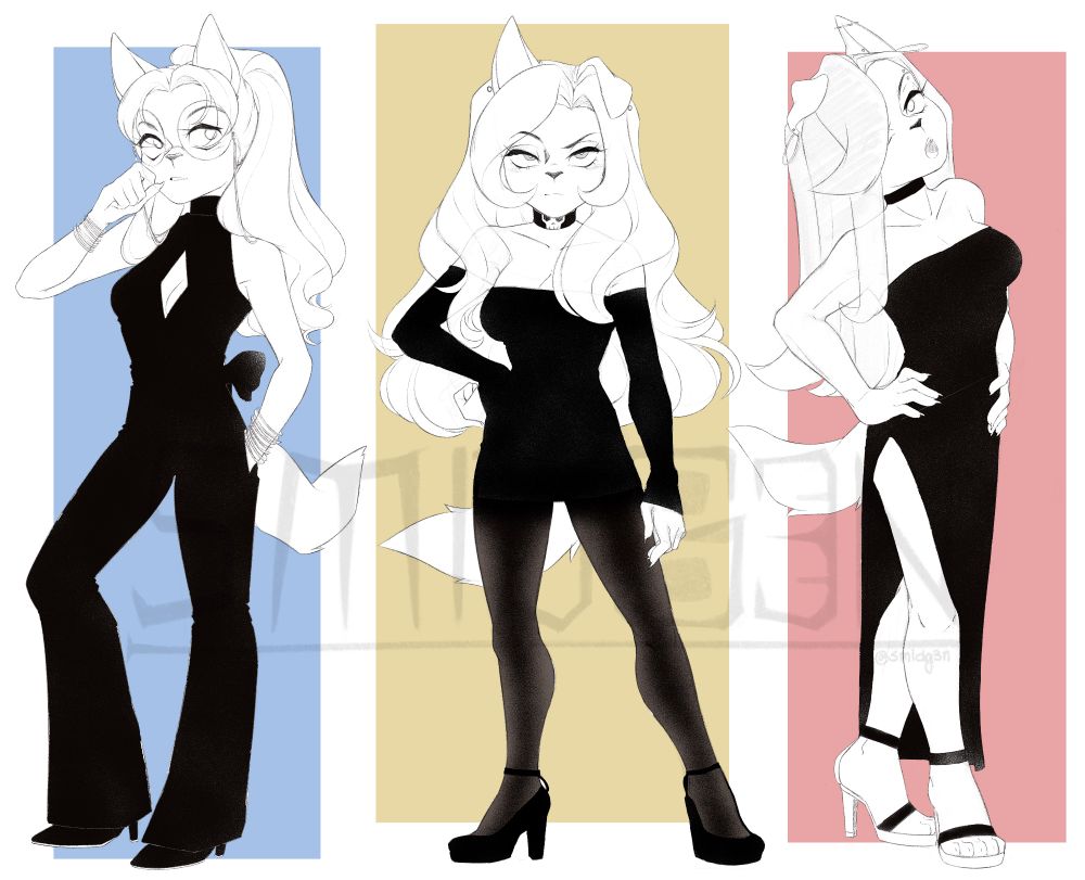My main three OCs in fancy attire. Left to right; Genevieve in an all black jumpsuit with a diamond cutout in the bust, bangles, and glasses with a chain. Evangeline wearing a mini black off shoulder dress with tights and black pumps. Emerson wearing a strapless long cutout dress exposing the right side of her legs from the high thigh down, wearing a choker and strappy heels