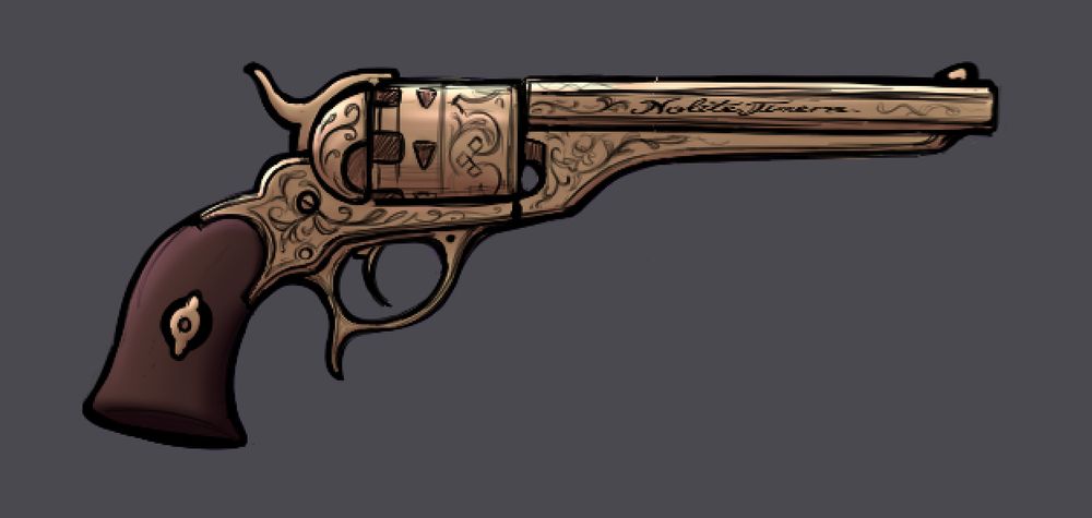 @rancidire's art of a gold 1861 navy revolver w/ elegant engravings
