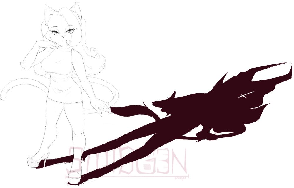 sketch of my OC Cindy, her shadow casted behind her with horns poking out and a reflection of an upside down cross where her left eye should be