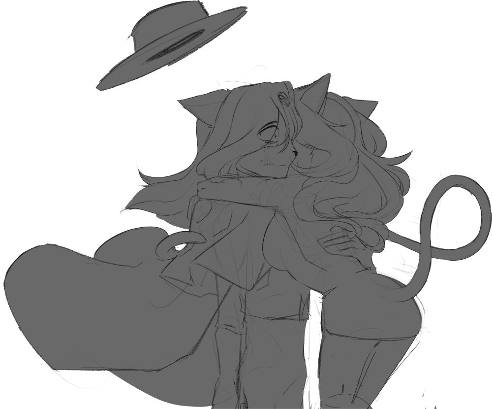 OCs Cindy hugging Levi with his hat flying away