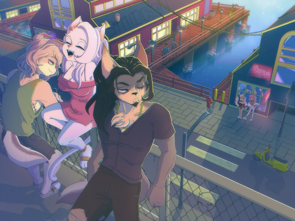 A scenic illustration featuring 3 of my characters as the focal point against a fenced ledge overseeing a pier during a sunny summer day. From left to right; Frank who is leaning against the fence smiling down at the pier, Cindy who's sitting on top of the fence smiling, and Ravio who's leaning against the fence while turning to look down below in the street with a slight smirk. His eyes follow to see two of my characters Eva and Trixie in long distance waving back at them, as they were the focal point of the first piece adjacent to this.