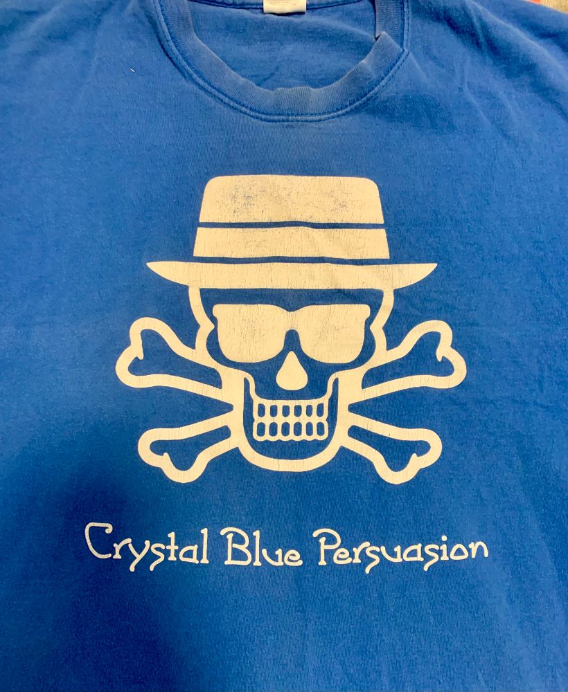 Front logo from Hack Fu 2013 Team “Crystal Blue Persuasion” (somewhat inspired by Breaking Bad) shirt. 