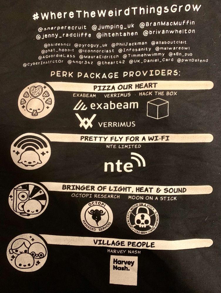 A photo of the back of the first BSides Newcastle hoodie, showing the numerous sponsors (both individuals and groups) who helped make it possible. 