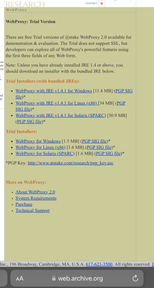 Archive dot org screenshot showing the at stake web proxy trial download page from the early two thousands. It looks like a web page from twenty years ago, lol. Very basic text design. Versions available for Windows, Linux, and SPARC Solaris, with or without a bundled Java runtime environment. 