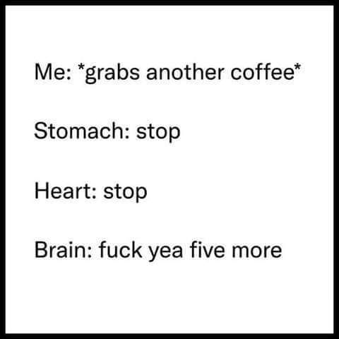 Me: *grabs another coffee*

Stomach: Stop

Heart: Stop

Brain: Fuck yeah five more