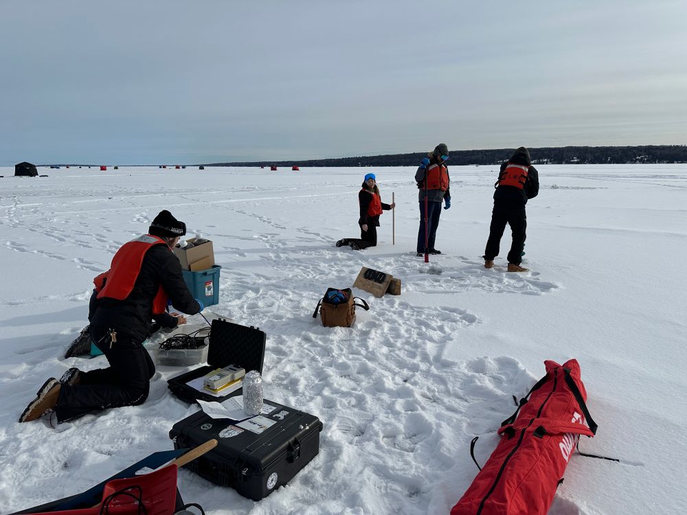 The field teams starting sampling on the lake ice.