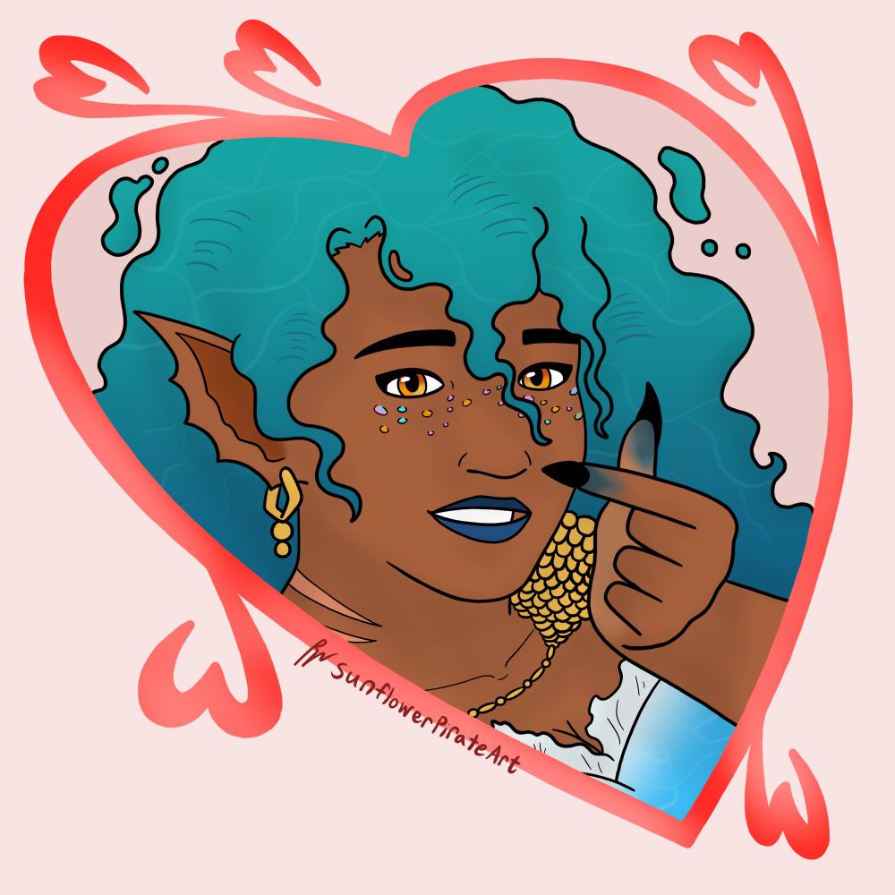 Art of alluringAllegro, a siren vtuber. They are framed by a red heart and are crossing their forefinger and thumb together to indicate a heart.