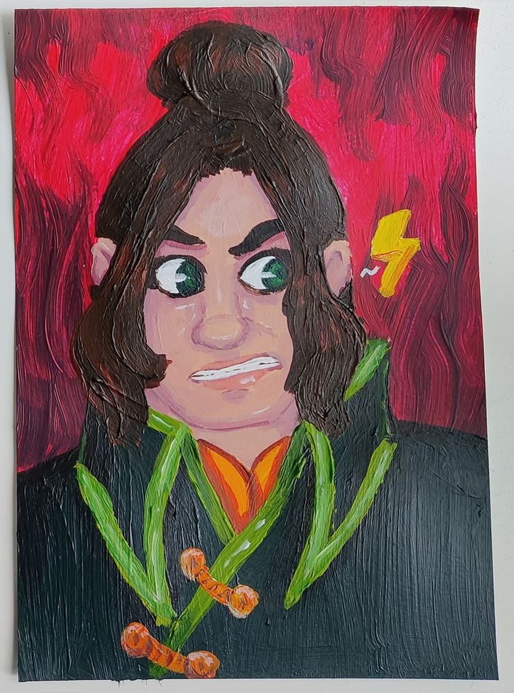 Photo of an acrylic portrait painting of a dwarven woman with brown hair and green eyes, wearing a dark green jacket with an orange or red shirt underneath. She looks to the side with a scowl on her face. The portrait is done in a cartoonish style.
