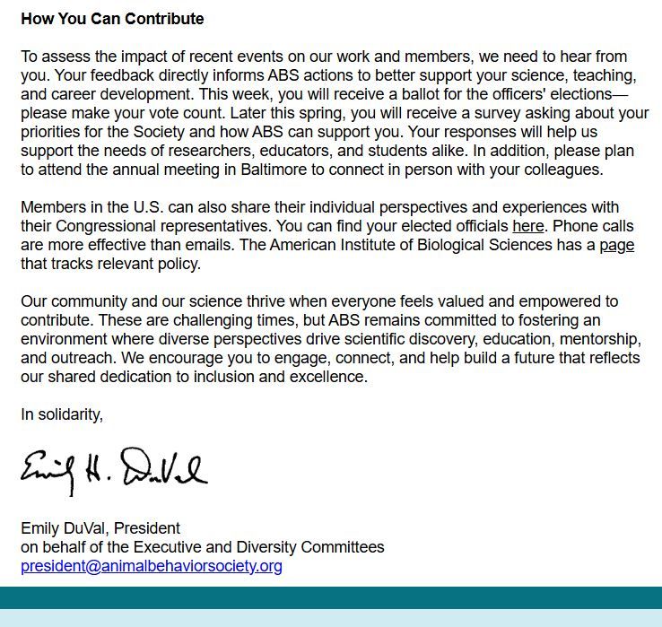 Screenshot of the ABS letter of support (bottom half). A white background with the black main text of the letter over a turquoise footer.