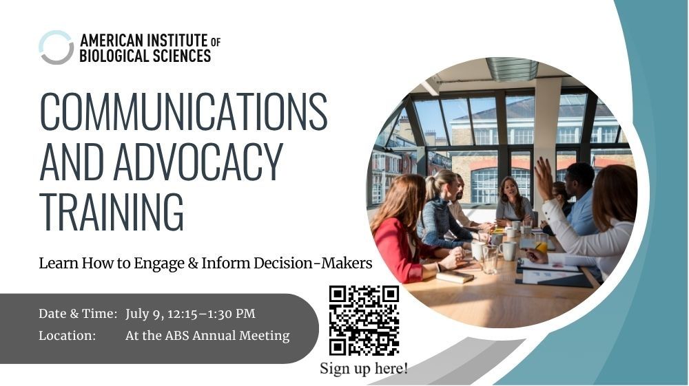 A white flyer with black text describing the event. To the left is the text and the right is a picture of people at a conference table next to stripes of grey and blue from the top to the bottom of the flyer.