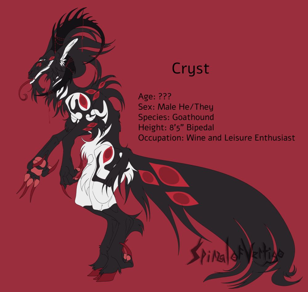 A long; lithe, bipedal Goathound done up with gothic patterns of black; white and red. A long thin tongue is poking out of his muzzle.

His horns are sweeping and curved with sharp long ridges and red beads hanging off of them.