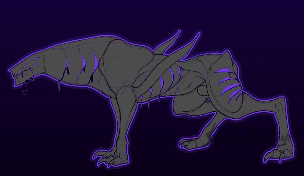 A quadruped monster dripping liquid shadow through bright purple vents.