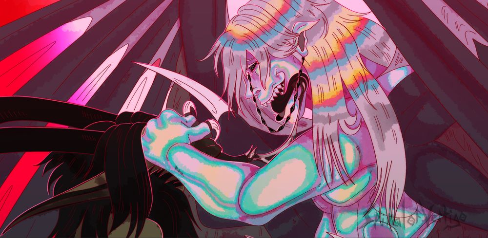 A large humanoid God with six wings has a strand full of his metallic silver cum attached by his tongue to his Goatman partners'. The goat's eyes are covered. This is a close up of this particular shot in the main image.