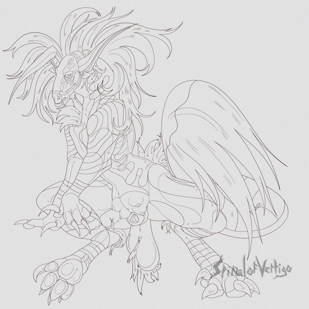 Lineart of an Aeroquus showing off his sheath heavy hanging balls and four teats. He's standing up bipedal this time and has a discerning look on his face.