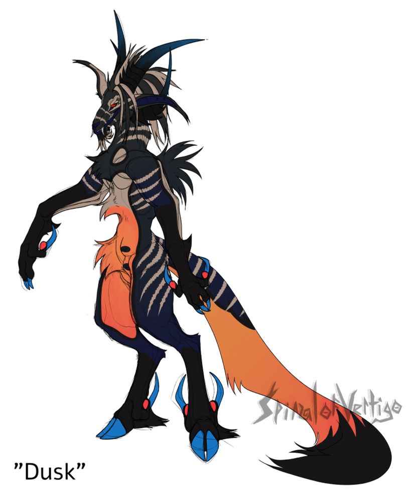 A drawing of an upright walking Goathound with grey and black fur along side vibrant glowing oranges with bits of blue, topped with tan stripes.