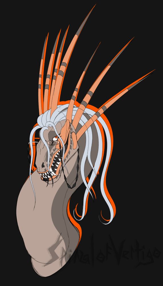 A head and neck shot of a brown; tan and orange dragon with long blue tendril hair.