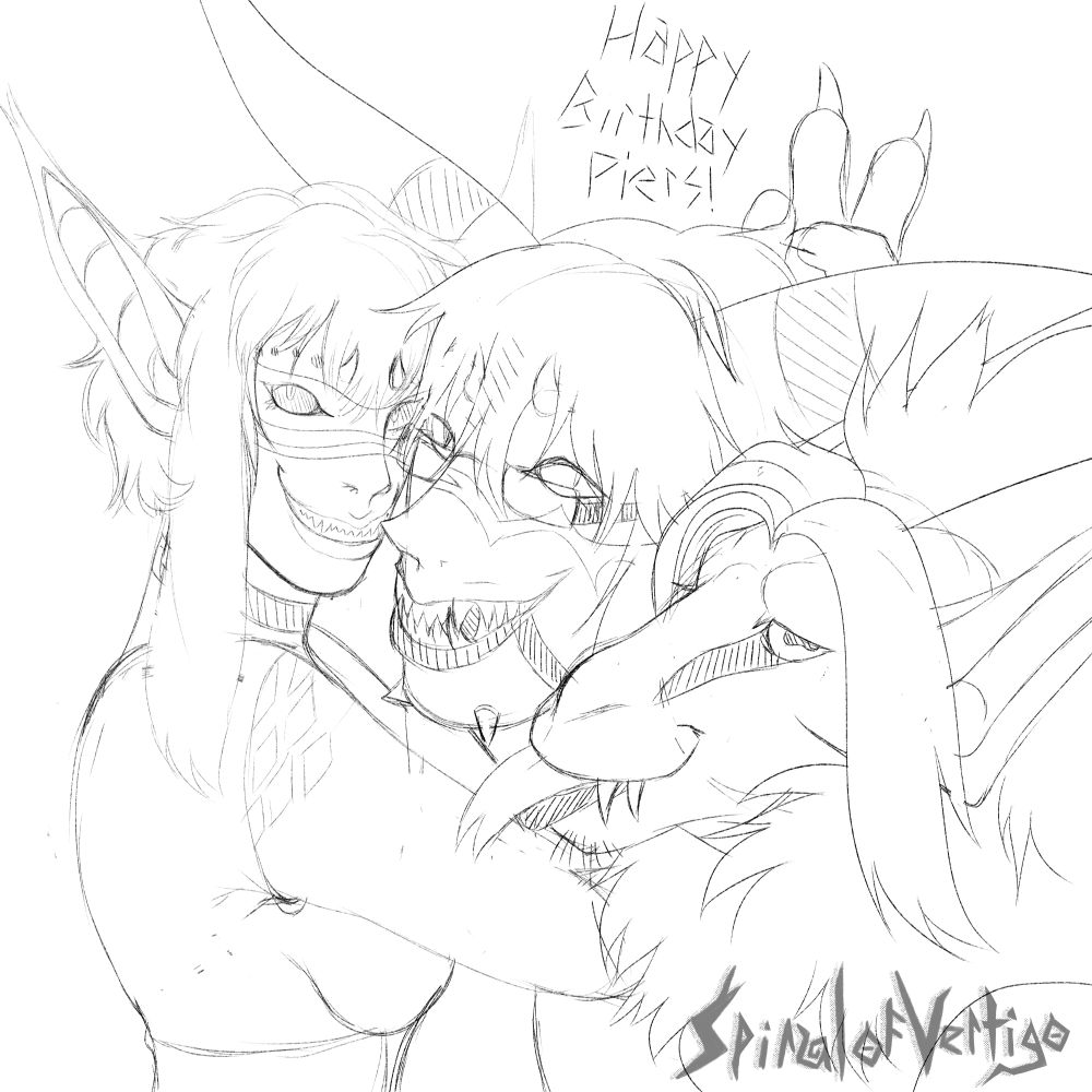A goatman; a smaller lady demon and a larger male demon in the middle. They are celebrating the large male demon's birthday. The Goatman is putting up a peace sign over the demon man's head.