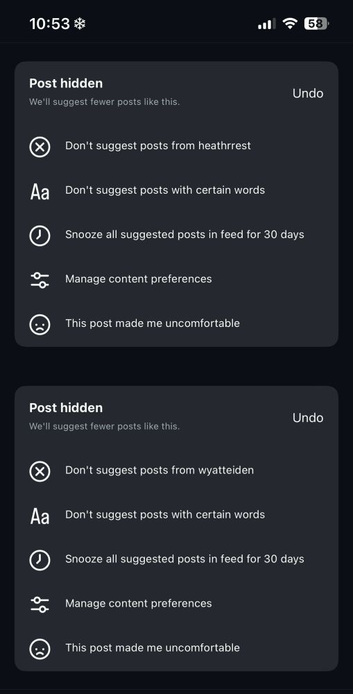 Instagram screenshot with 2 hidden posts (that appear every time I open the app) 