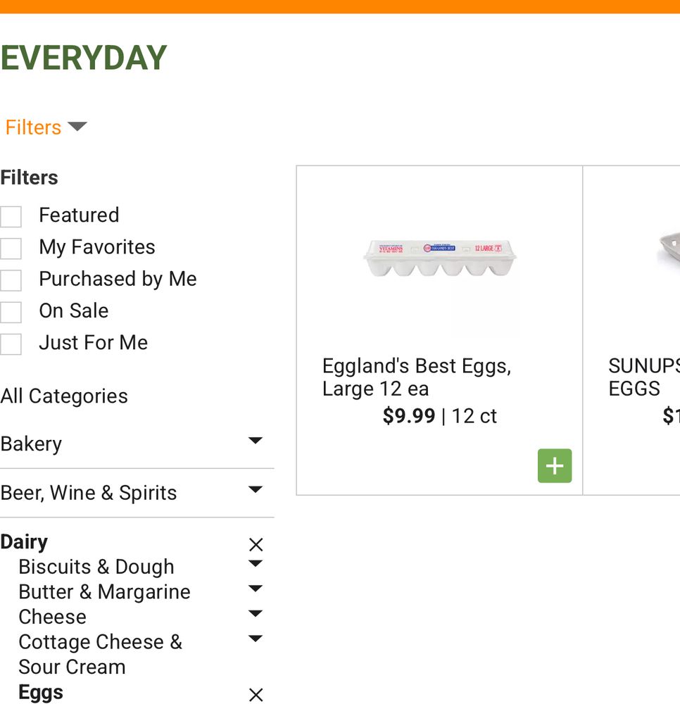 Grocery store listing for a dozen large eggs. Price is $9.99.