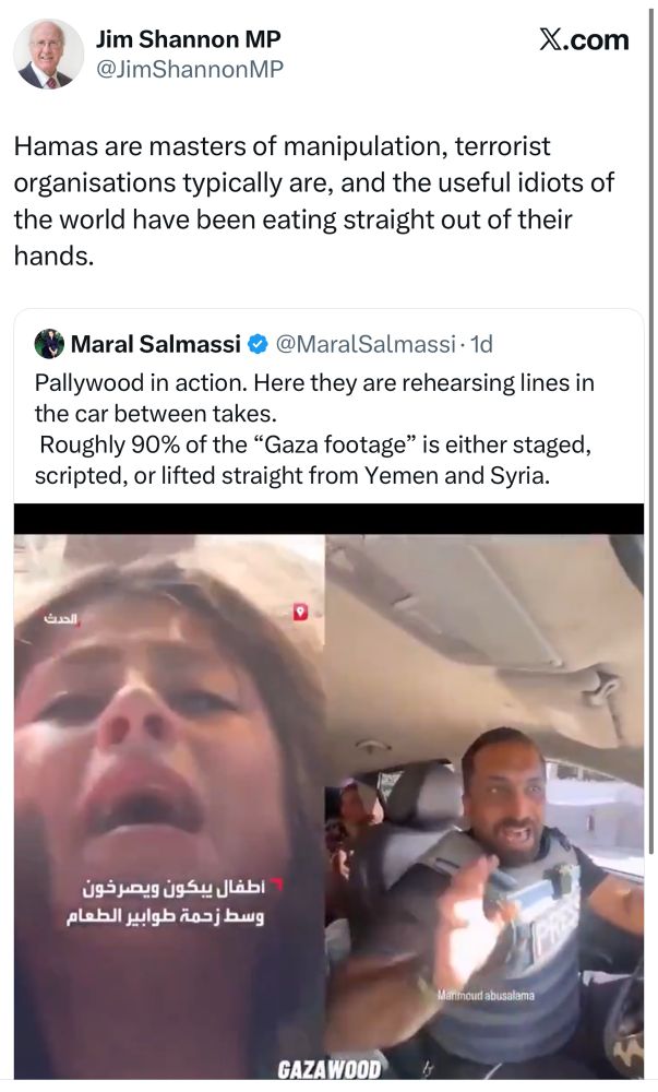 Tweet from Jim Shannon MP @JimShannonMP: “Hamas are masters of manipulation, terrorist organisations typically are, and the useful idiots of the world have been eating straight out of their hands.”

He’s retweeting Maral Salmassi @MaralSalmassi:
“Pallywood in action. Here they are rehearsing lines in the car between takes.
Roughly 90% of the "Gaza footage" is either staged, scripted, or lifted straight from Yemen and Syria.”

Beneath this tweet is video footage of people suffering in Gaza.