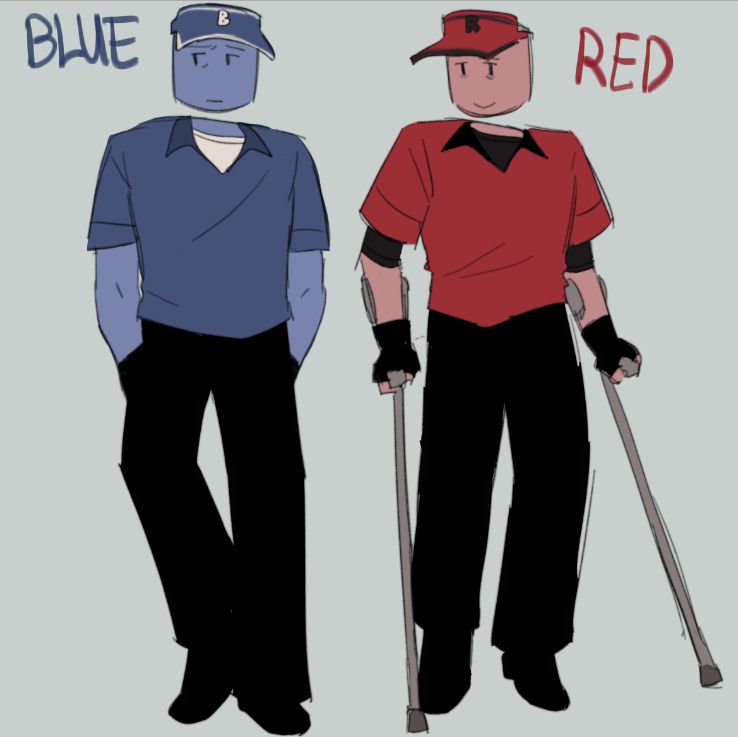 two roblox characters, one called Blue, one called Red. Red has crutches